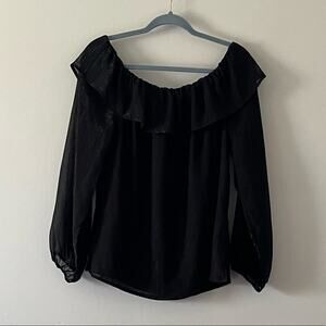White House Black Market (WHBM) Black/Black Metallic Ruffles L/S Blouse sz Large